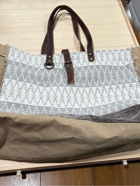 Neutral Patterned Tote Bag with Brown Leather Handles